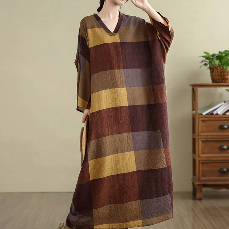 Buddha Stones Spliced Plaid Pattern Cotton Linen Women's Maxi Dress With Pockets