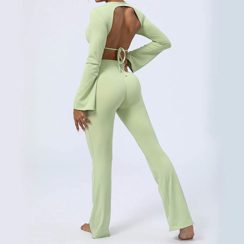 Buddha Stones Long Sleeve Backless Strap Top Bra Flare Pants Fitness Yoga Outfit