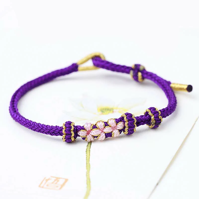 Buddha Stones Handmade Three Peach Blossoms Luck Eight Strands Braided String Bracelet