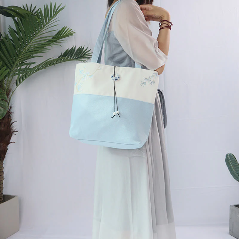 Buddha Stones Pear Flower Plum Peach Blossom Bamboo Embroidery Canvas Large Capacity Shoulder Bag Tote Bag