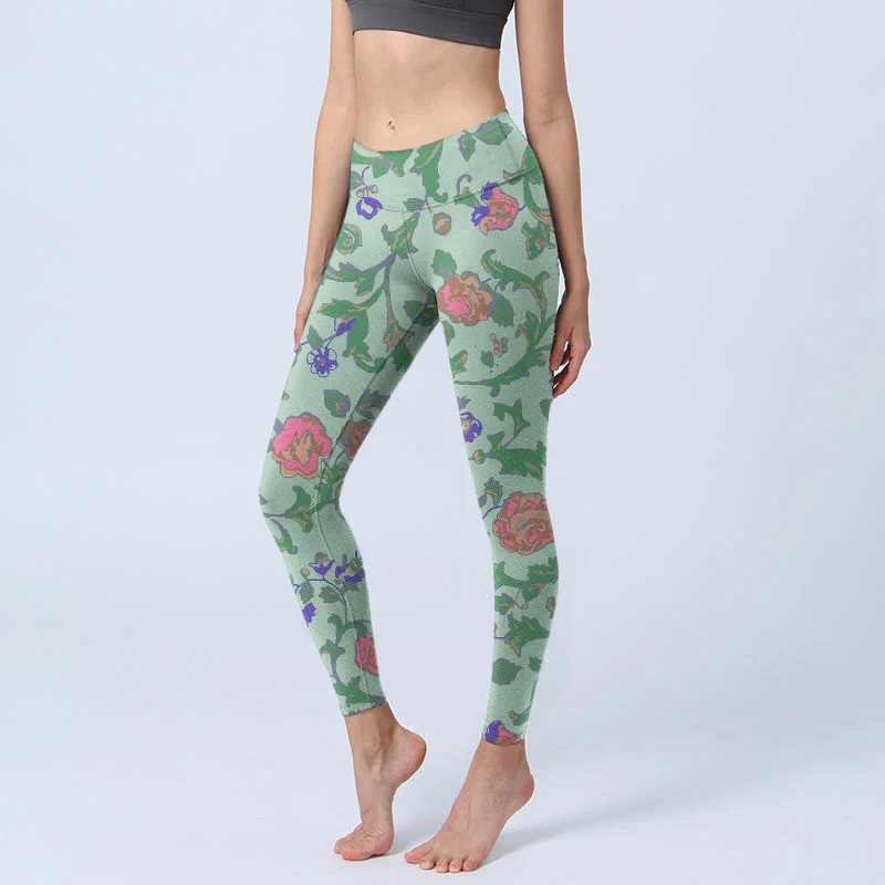 Buddha Stones Green Red Roses Green Leaves Print Gym Leggings Women's Yoga Pants