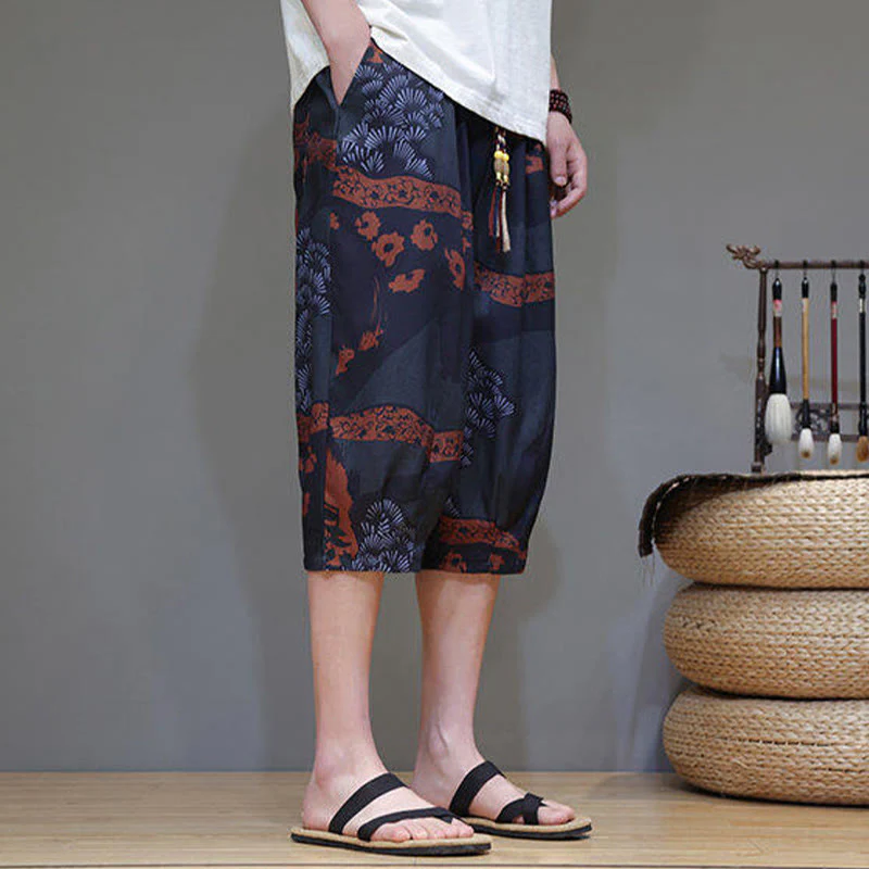 Buddha Stones Summer Bamboo Leaves Flowers Cotton Linen Men's Capri Pants With Pockets