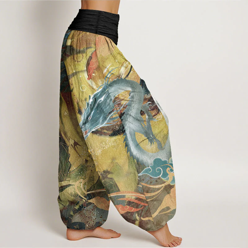 Buddha Stones Pure Cotton Dragon Auspicious Clouds Pattern Women's Elastic Waist Harem Pants