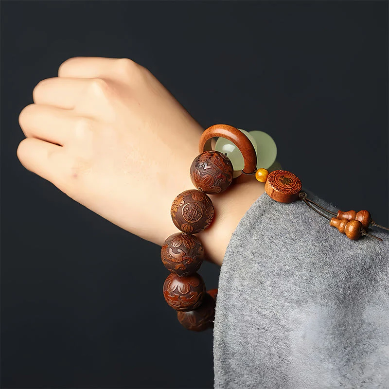 Buddha Stones Sappan Wood Engraving Pixiu Fu Character Cure Bracelet