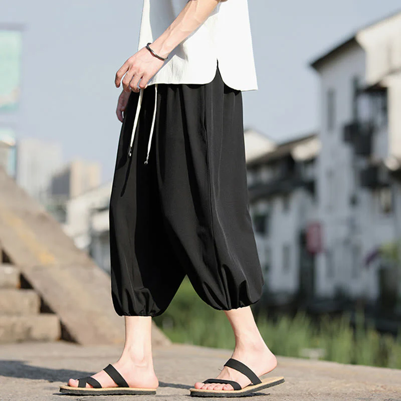 Buddha Stones Solid Drawstring Men's Capri Cropped Harem Pants With Pockets