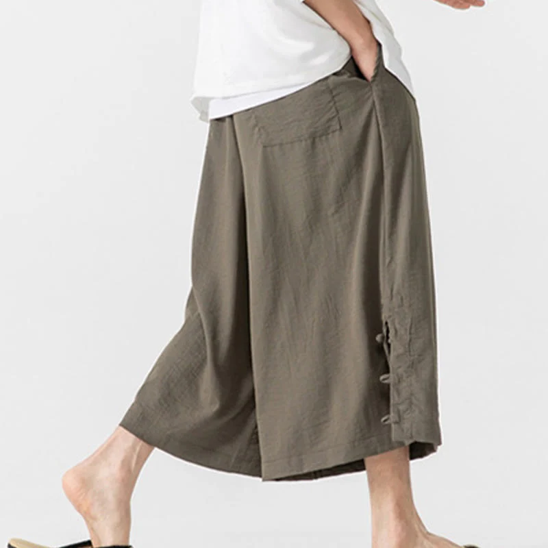 Buddha Stones Casual Loose Frog-Button Plain Men's Cotton 7-8 Length Wide Leg Pants With Pockets