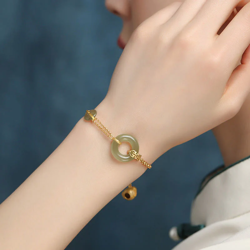 Buddha Stones Round Jade Peace Buckle Gourd Fu Character Auspicious Prosperity Chain Bracelet