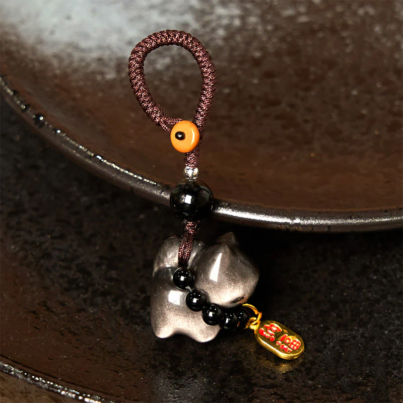 Buddha Stones Silver Sheen Obsidian Black Obsidian Gold Sheen Obsidian Cute Cat Fu Character Protection Key Chain Phone Hanging Decoration