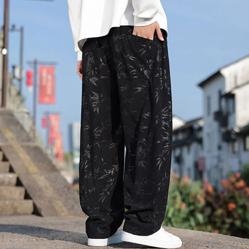 Buddha Stones Embroider Leaves Casual Cotton Men's Pants With Pockets
