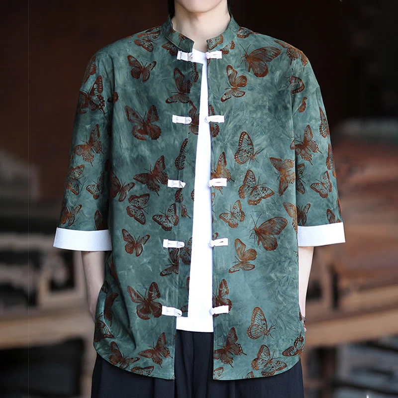 Buddha Stones Jacquard Butterfly Pattern White Frog-Button Design Stand Collar Men's Three Quarter Sleeve Cotton Shirt Cardigan