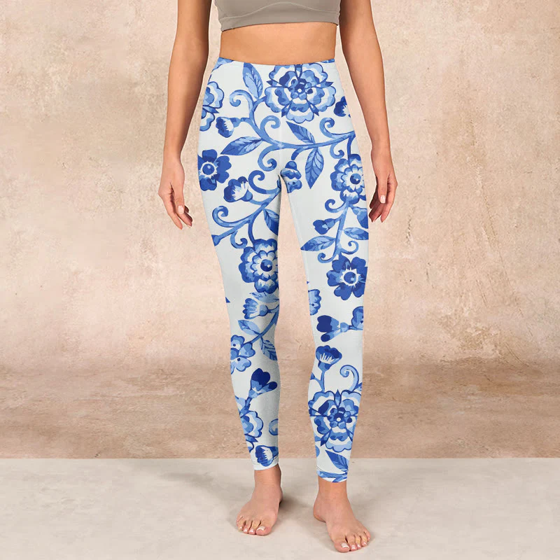 Buddha Stones Blue Flowers Leaves Branches Print Gym Leggings Women's Yoga Pants