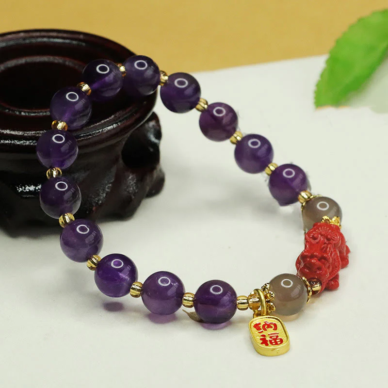 Buddha Stones Natural Amethyst Cinnabar Pi Xiu Fu Character Balance Bracelet