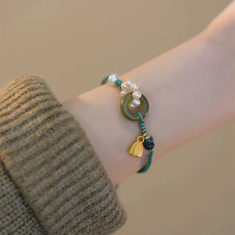 Buddha Stones Natural Hetian Jade Peace Buckle Pearl Luck Handcrafted Braided Bracelet