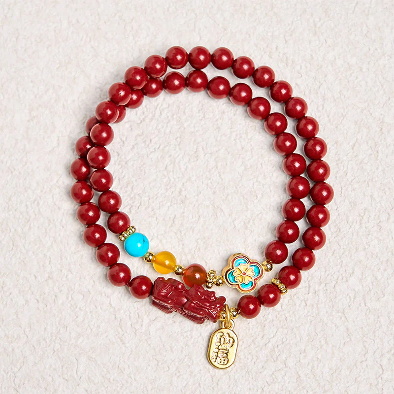 Buddha Stones Cinnabar PiXiu Fu Character Blessing Double Wrap Bracelet