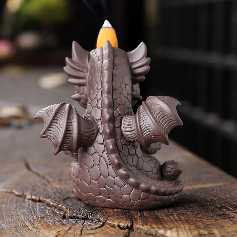 Buddha Stones Lovely Dinosaur Purple Clay Backflow Smoke Fountain Healing Incense Burner Decoration