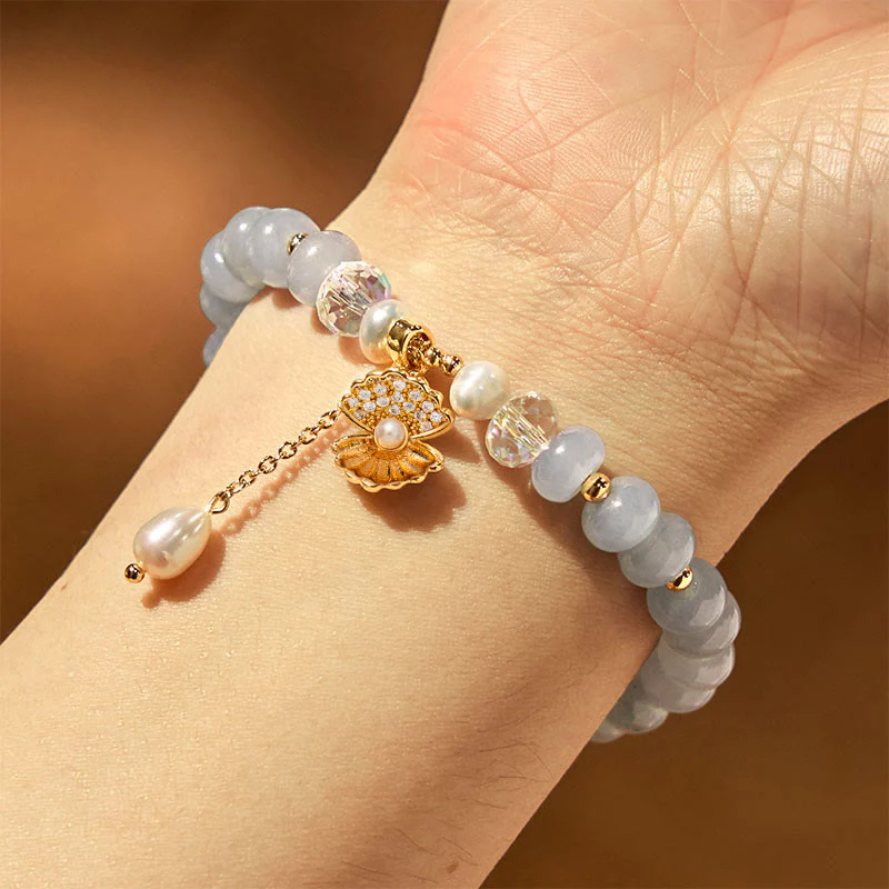 Buddha Stones Natural Aquamarine Pearl Shell Healing Bead Bracelet