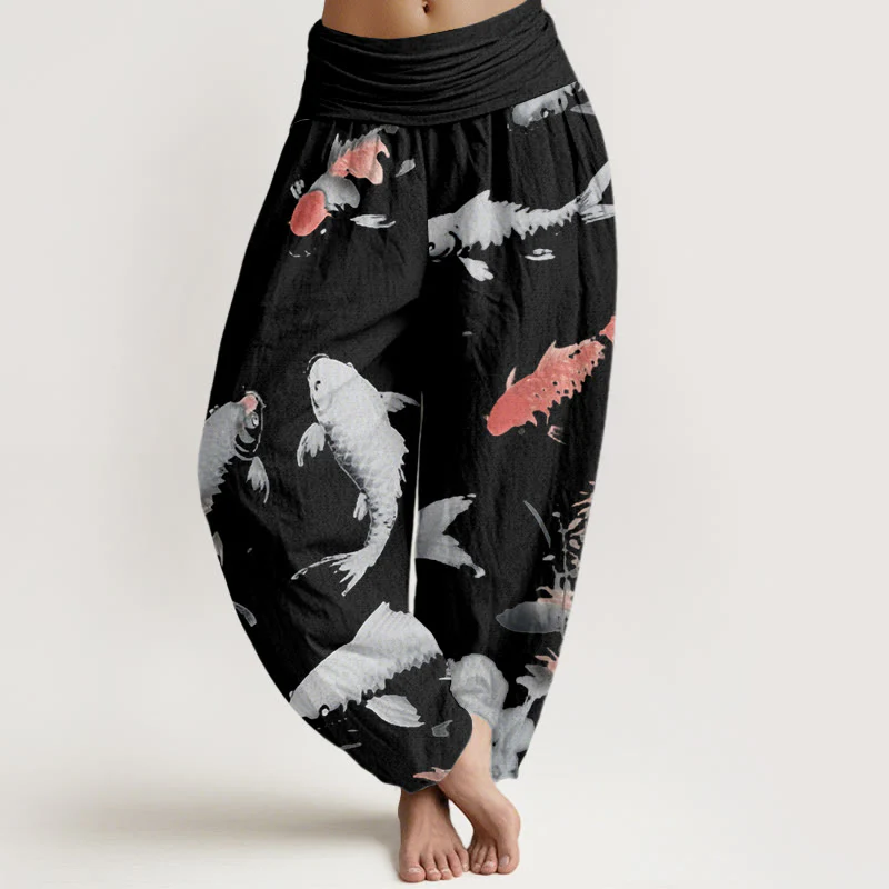 Buddha Stones Casual Koi Fish Pattern Women's Elastic Waist Harem Pants