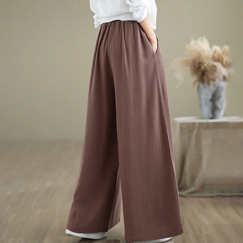 Buddha Stones Commute Plain Simple Lace-Up Design Women's Wide Leg Cotton Linen Pants With Pockets