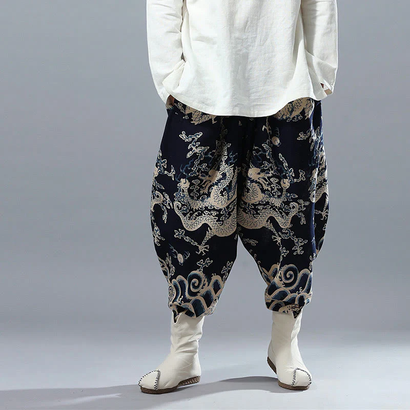 Buddha Stones Chinese Dragon Printed Elastic Waist Ethnic Cotton Linen Men's Pants With Pockets