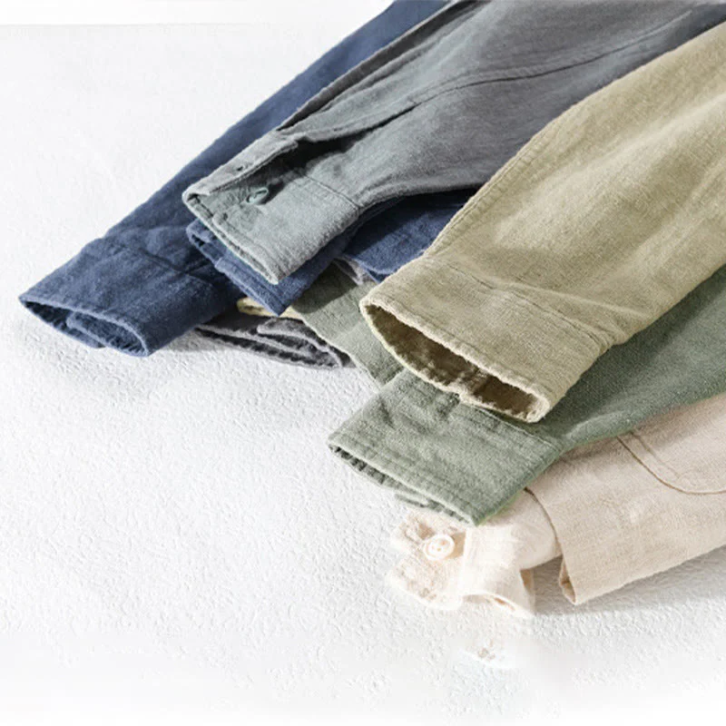 Buddha Stones Commute Men's Plain Buttons Design Cotton Linen Long Sleeve Shirt With Pockets