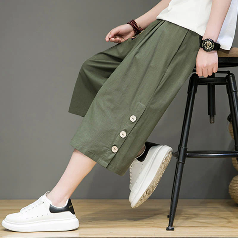 Buddha Stones Casual Plain Side Button Design Drawstring Men's Cotton Cropped Pants With Pockets