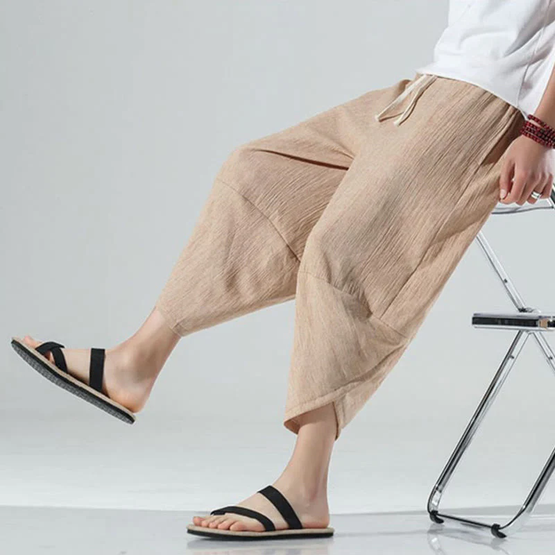 Buddha Stones Plain Simple Design Drawstring 7-8 Length Linen Men's Harem Pants With Pockets