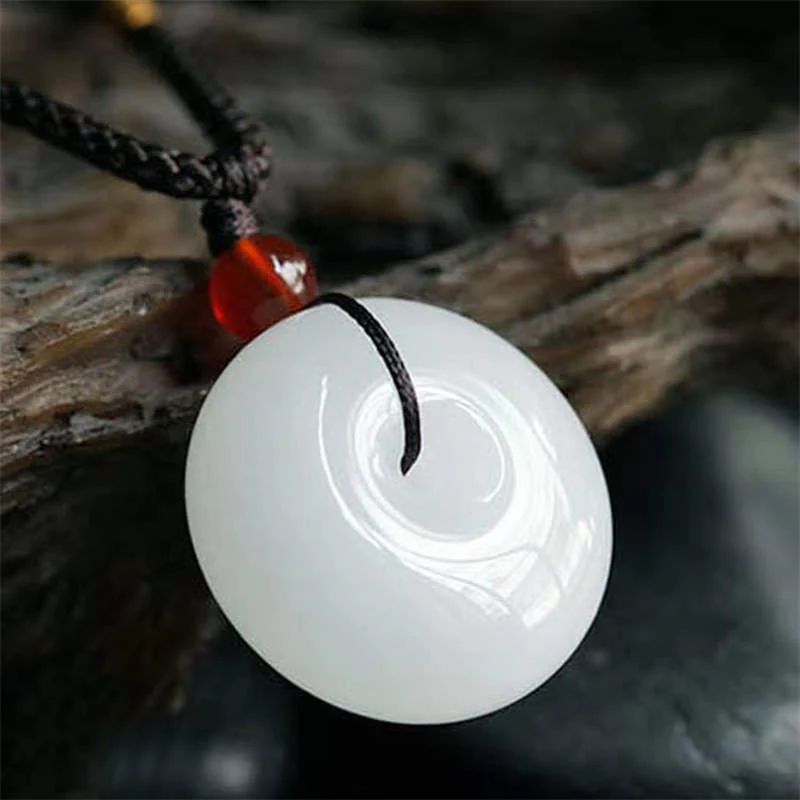 Buddha Stones Round Hetian White Jade Peace Buckle Blessing Necklace Pendant