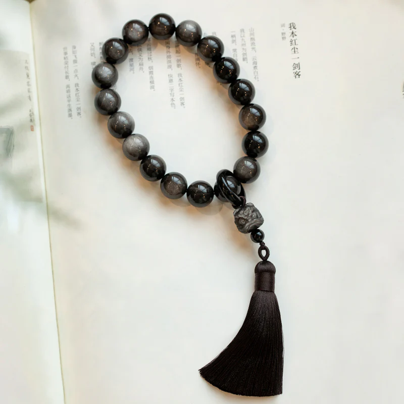 Buddha Stones Natural Silver Sheen Obsidian Black Obsidian Lion Wrist Mala Protection Tassels Pocket Mala Car Decoration