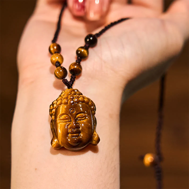 Buddha Stones Tiger Eye String Buddha Head Courage Necklace Pendant
