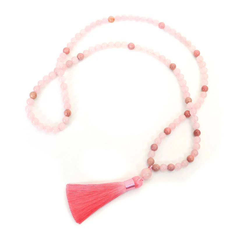 Buddha Stones 108 Mala Beads Pink Crystal Love Tassel Bracelet