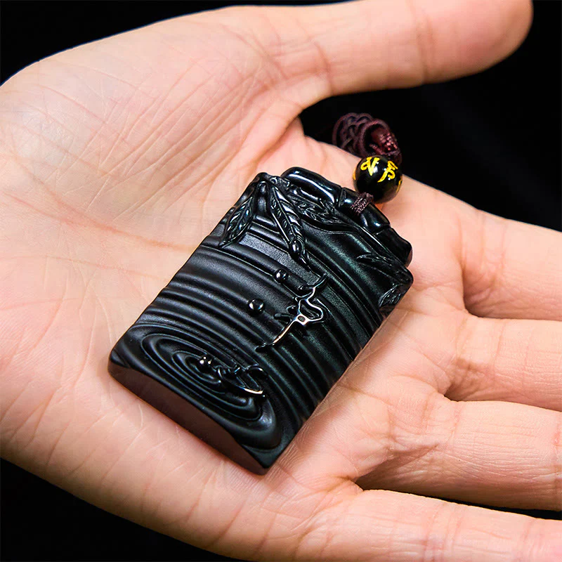 Buddha Stones Natural Black Obsidian Bamboo Fulfillment Necklace Pendant