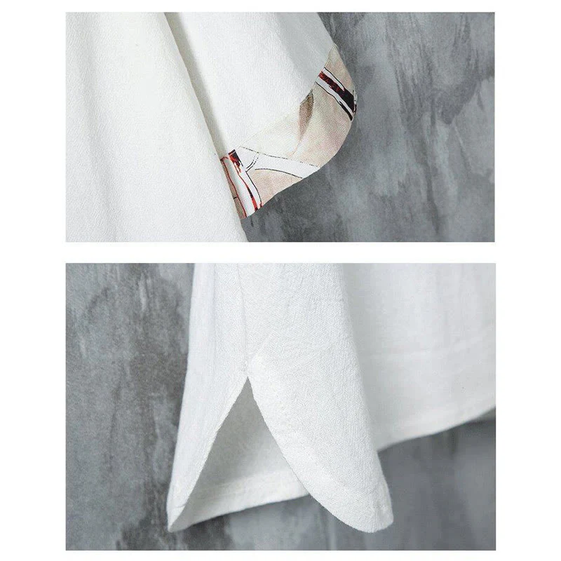 Buddha Stones Summer Frog-Button Yellow Bamboo Leaves Half Sleeve Men's Linen Shirt