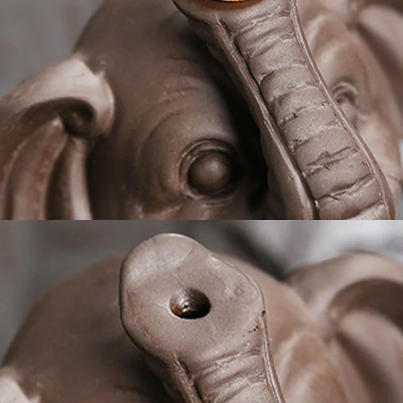 Buddha Stones Little Elephant Holding Leaf Purple Clay Backflow Smoke Fountain Healing Incense Burner Decoration
