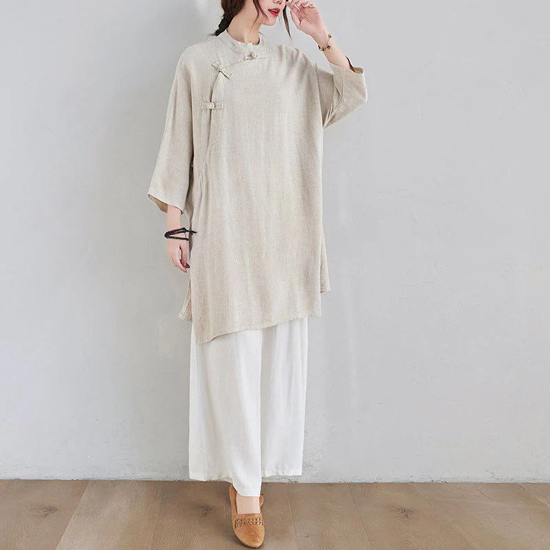 Buddha Stones 2Pcs Plain Design Zen Tai Chi Meditation Clothing Cotton Linen Top Pants Women's Set