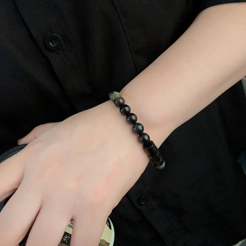 Buddha Stones Silver Sheen Obsidian Ebony Protection Bracelet