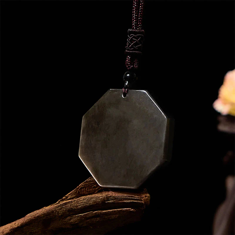 Buddha Stones Silver Sheen Obsidian Bagua Yin Yang Symbol Protection Necklace Pendant
