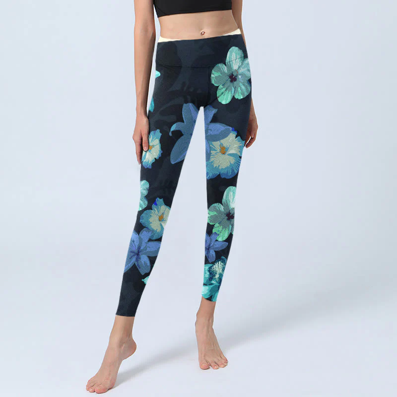 Buddha Stones Green Blue Floral Print Exercise Leggings Women's Yoga Pants