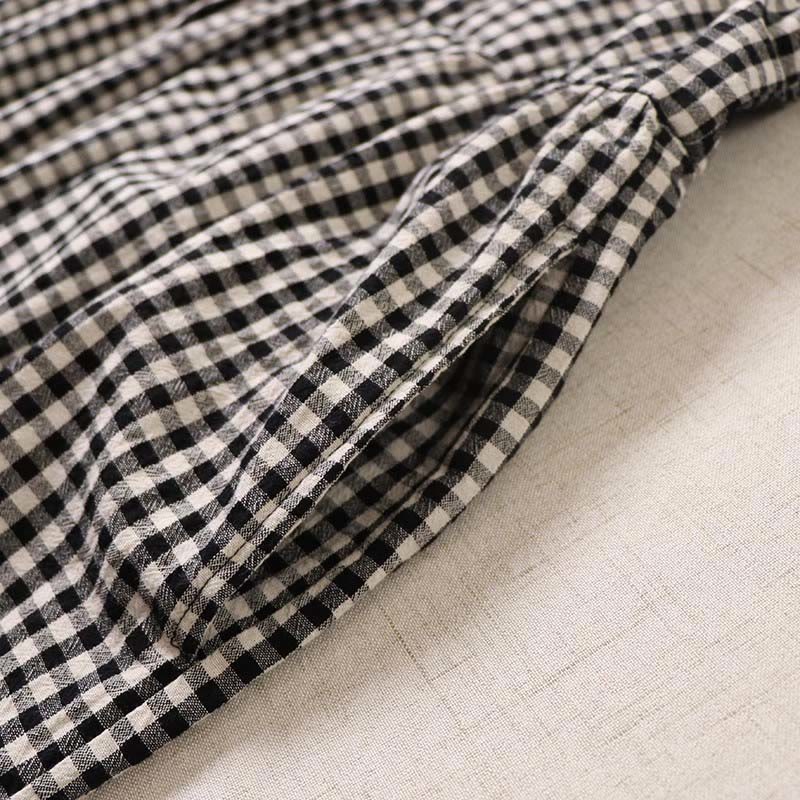 Buddha Stones Casual Plaid Simple Buttons Ruffled Design Cotton Linen Midi Dress With Pockets