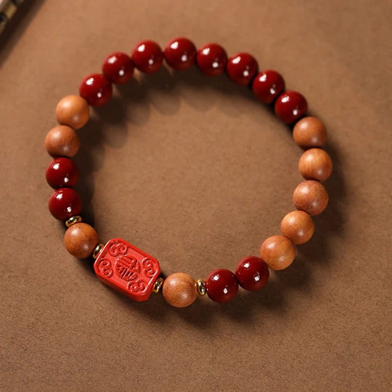 Buddha Stones Cinnabar Wood Beads Lotus Fu Character Blessing Bracelet