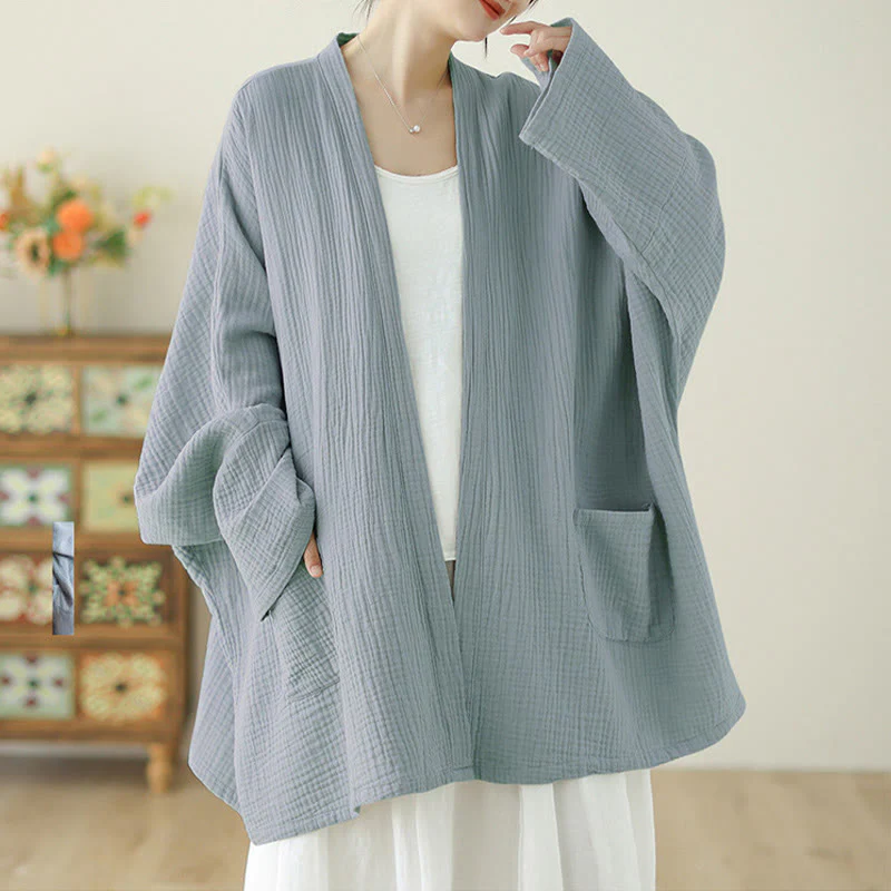 Buddha Stones Plain Long Sleeve Zen Meditation Cotton Linen Jacket With Pockets