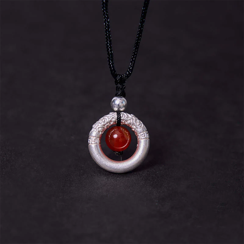 Buddha Stones 999 Sterling Silver Red Agate Peace Buckle Blessing Necklace Pendant