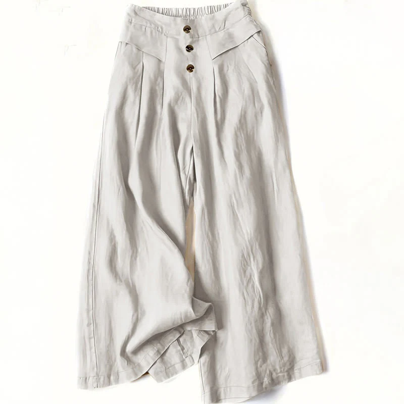 Buddha Stones Retro Casual High Waist Cotton Women's Wide Leg Pants With Pockets