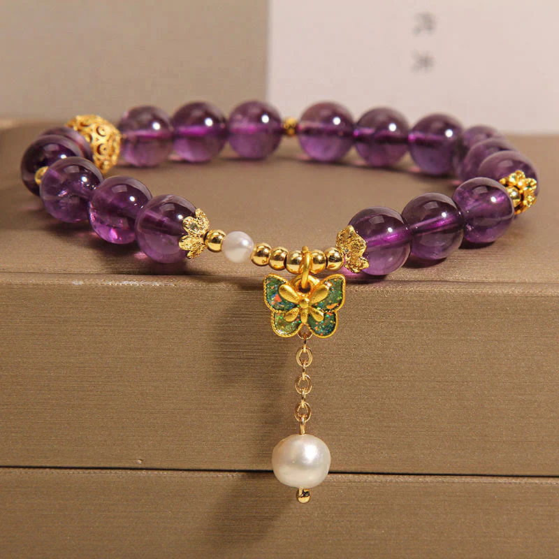 Buddha Stones Natural Amethyst Amber Green Butterfly Healing Bracelet