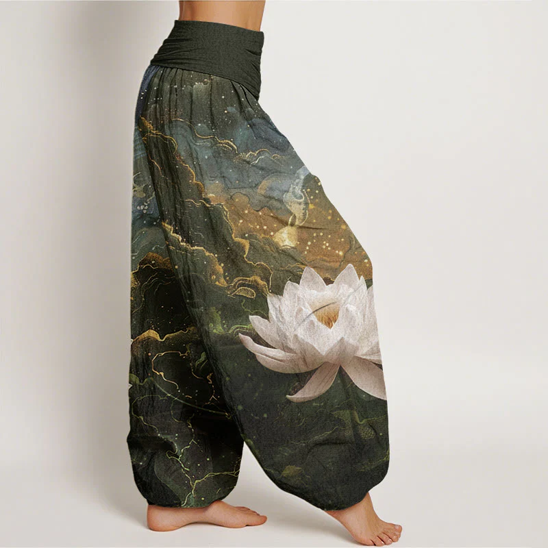 Buddha Stones Casual Lotus Starry Sky Clouds Pattern Women's Elastic Waist Harem Pants