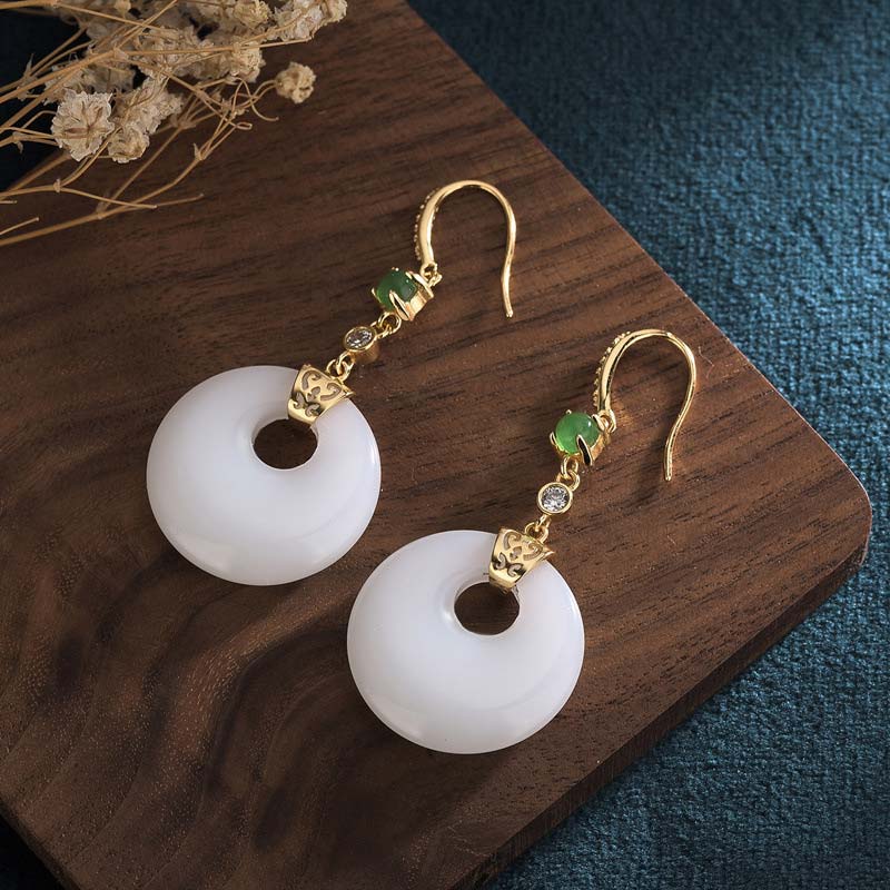Buddha Stones FengShui White Jade Blessing Drop Earrings