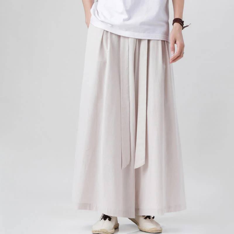 Buddha Stones Spring Casual Sports Drawstring Design Men's Cotton Linen Wide Leg Pants With Pockets