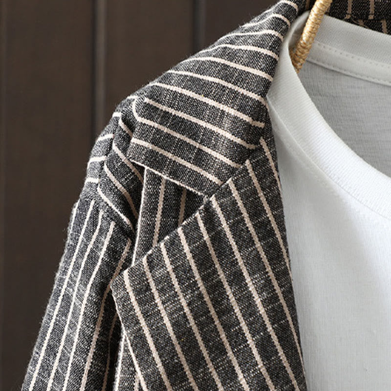 Buddha Stones Splicing Stripes Women's Cotton Linen Jacket With Pockets