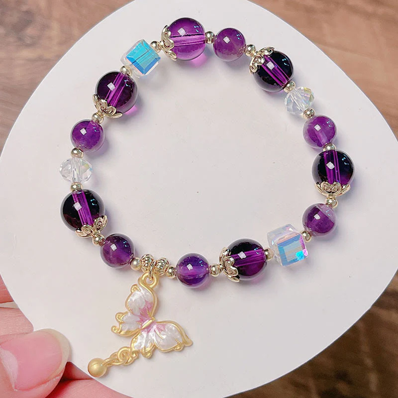Buddha Stones Natural Amethyst Sun Stone Butterfly Peace Bracelet