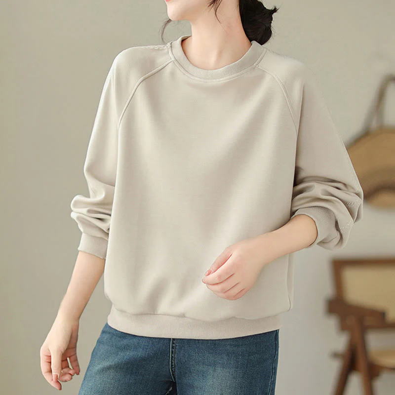 Buddha Stones Fall Plain Crew Neck Cotton Pullover Women's Sweatshirt