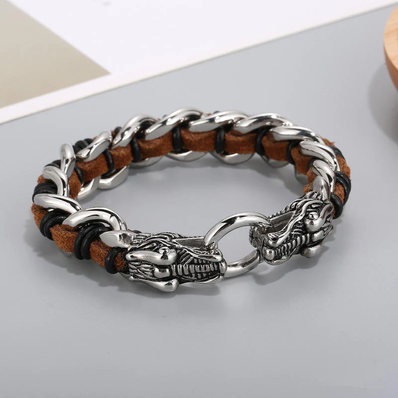 Buddha Stones Dragon Leather Titanium Steel Protection Luck Braided Bracelet
